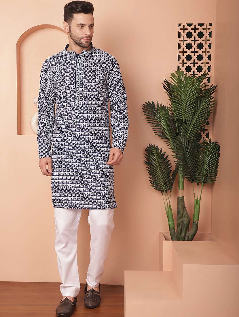 navy blue embroidered kurta pyjama set - 21154093 - Zoom Image - 0