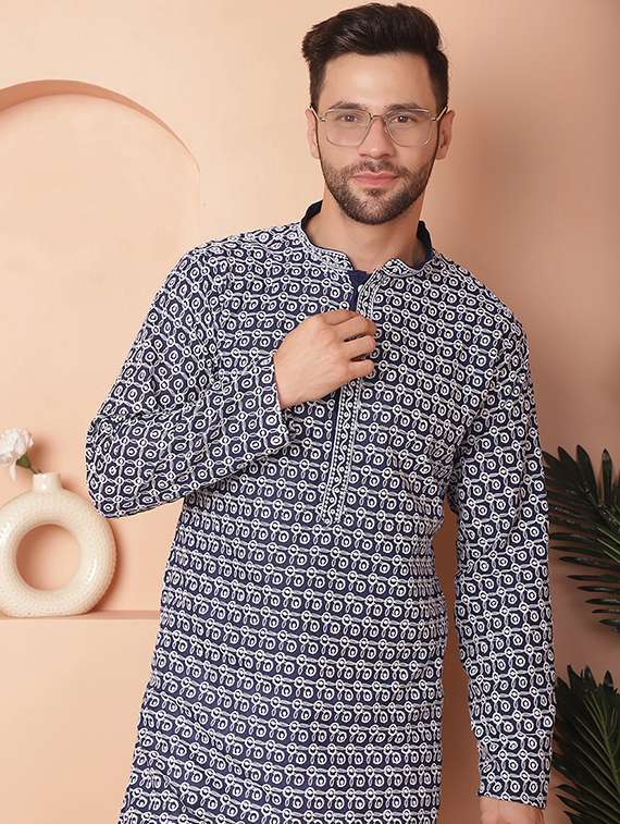 navy blue embroidered kurta pyjama set - 21154093 - Standard Image - 5
