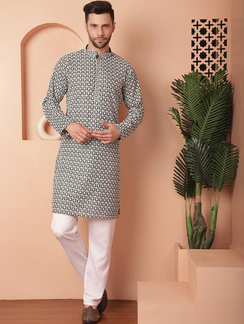 olive green embroidered kurta pyjama set - 21154094 - Standard Image - 0