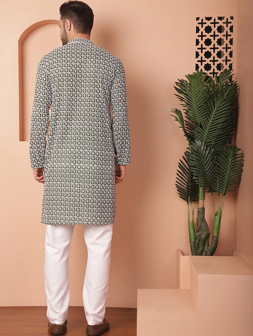 olive green embroidered kurta pyjama set - 21154094 - Standard Image - 3