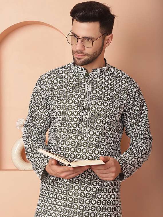 olive green embroidered kurta pyjama set - 21154094 - Standard Image - 5