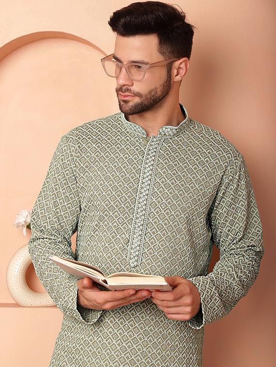 green embroidered kurta pyjama set - 21154108 - Standard Image - 5