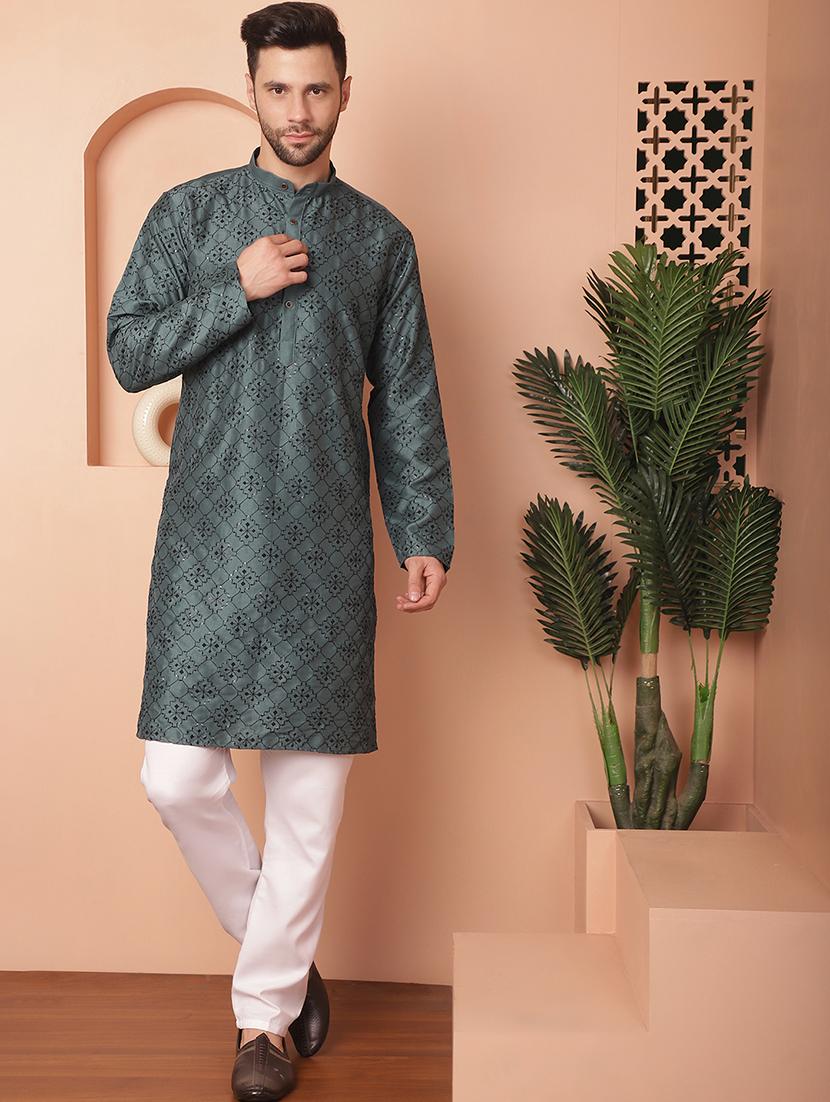 teal self design kurta pyjama set - 21154117 -  Zoom Image - 0