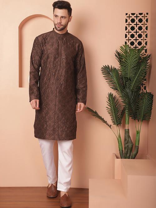 coffee brown self design kurta pyjama set - 21154119 -  Standard Image - 0