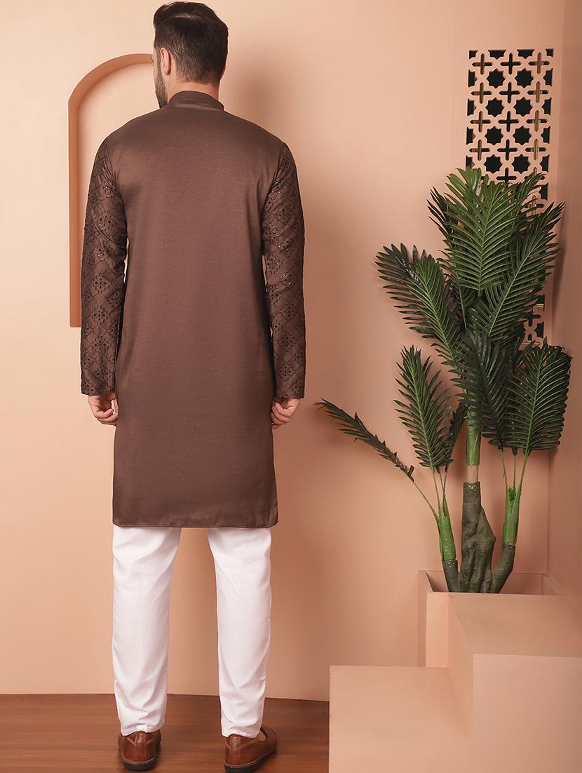 coffee brown self design kurta pyjama set - 21154119 - Standard Image - 3