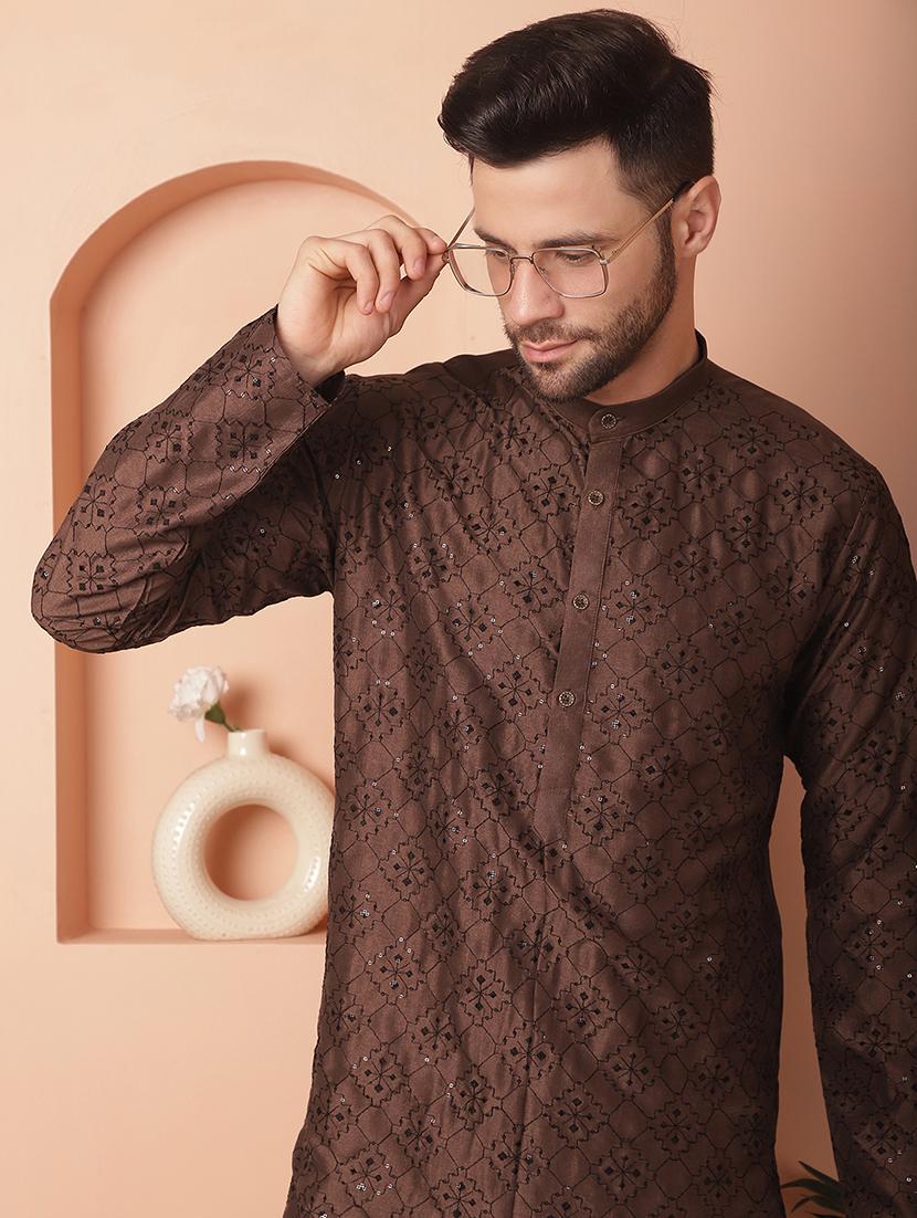 coffee brown self design kurta pyjama set - 21154119 - Standard Image - 5