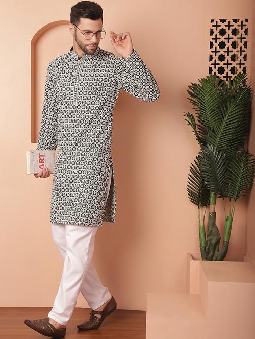 olive green embroidered cotton kurta - 21154125 - Standard Image - 0