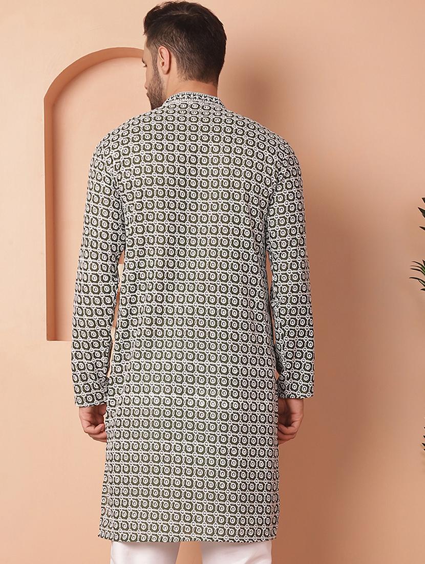 olive green embroidered cotton kurta - 21154125 - Standard Image - 3