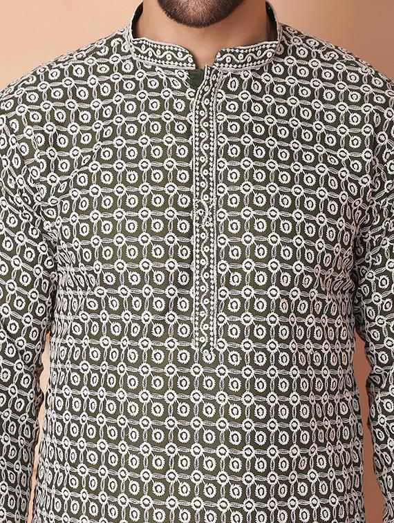 olive green embroidered cotton kurta - 21154125 - Standard Image - 5