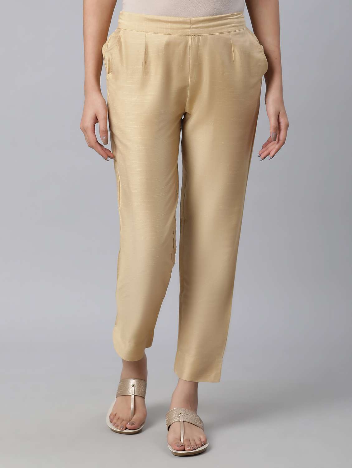 women solid beige cotton straight trouser
