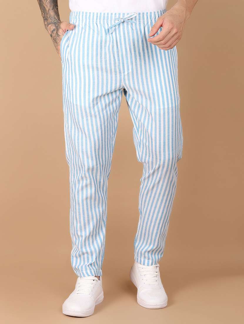 men mid rise striped flat front casual trouser
