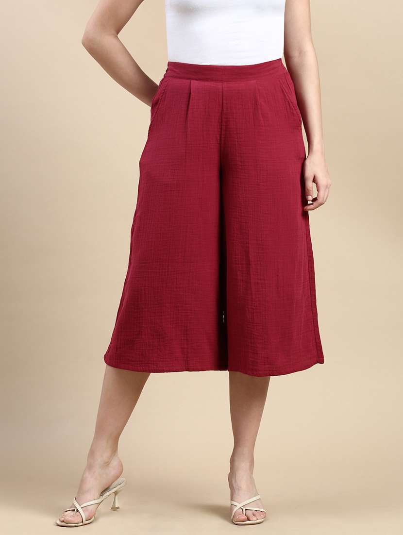 maroon cotton culottes trouser - 21162021 -  Zoom Image - 0