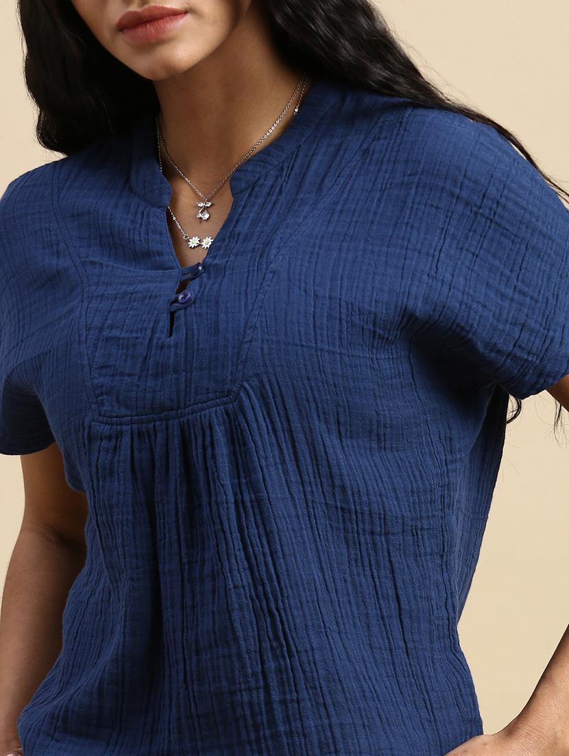 solid navy blue cotton regular top - 21162043 - Standard Image - 5