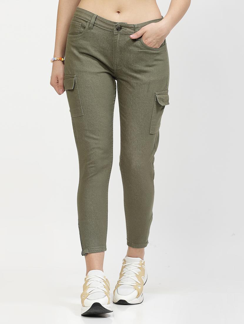 women solid olive green cotton blend cargos