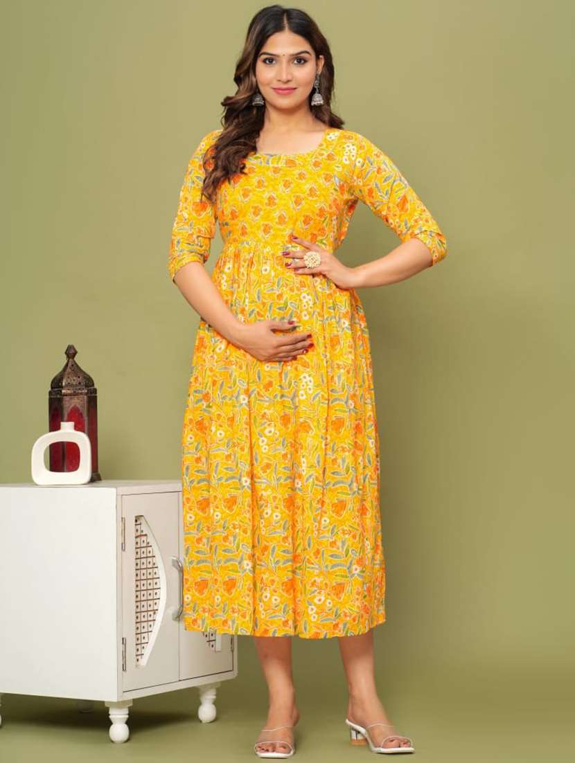 women yellow round neck maternity wear dress