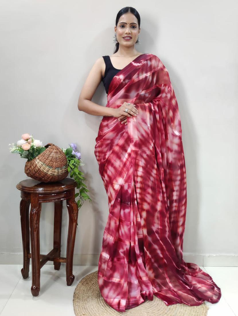 women maroon tie & dye georgette saree with blouse - 21169090 - Zoom Image - 0