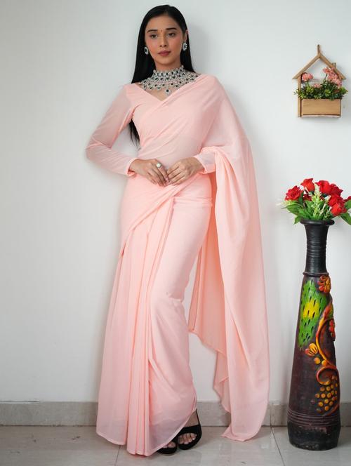 women pink solid georgette saree with blouse - 21169109 - Standard Image - 0