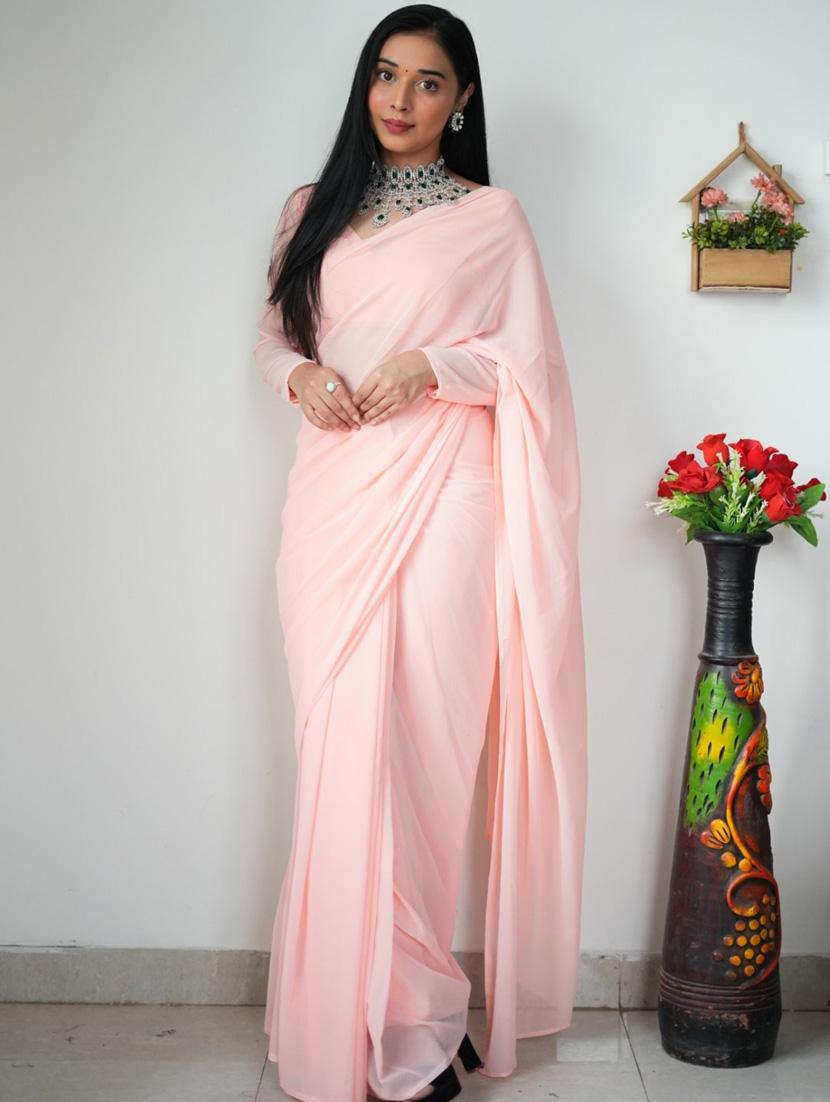 women pink solid georgette saree with blouse - 21169109 - Standard Image - 3