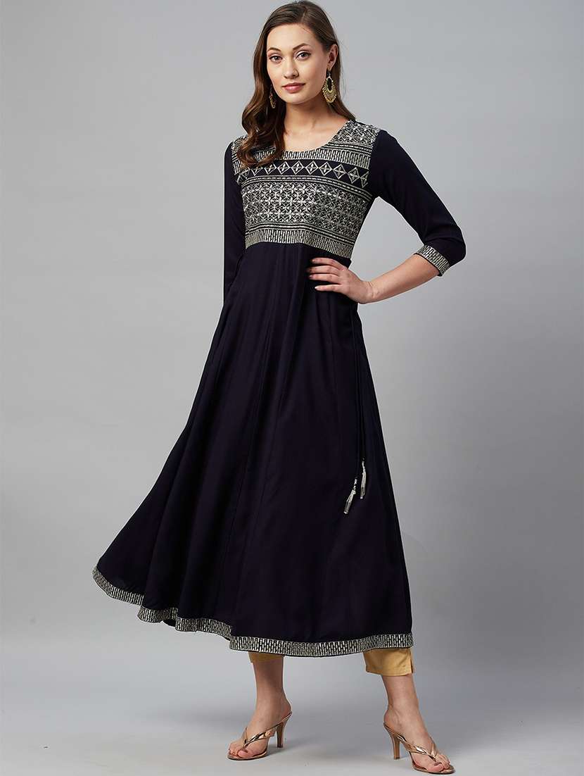 women blue round neck fit & flare dress