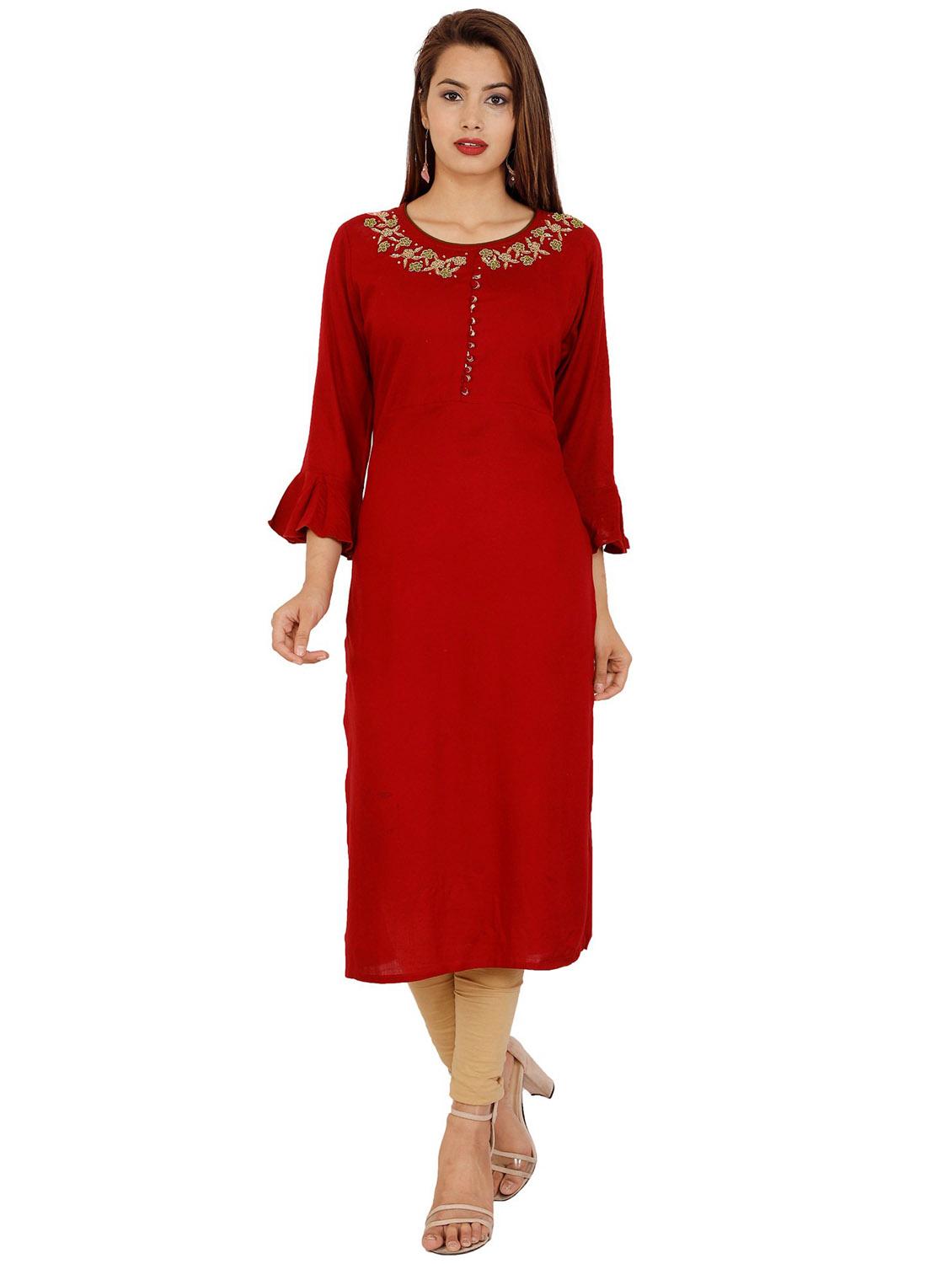 red cotton blend straight kurta - 21171027 -  Zoom Image - 0