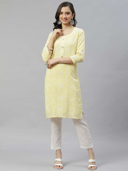 yellow cotton blend straight kurta - 21171066 - Standard Image - 0