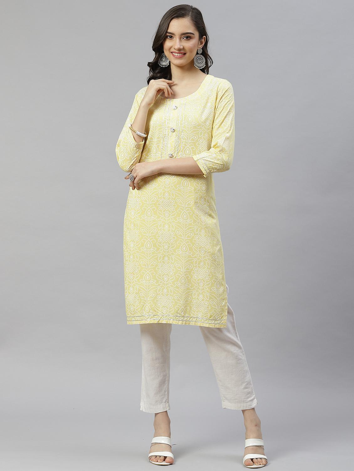 yellow cotton blend straight kurta - 21171066 - Zoom Image - 0
