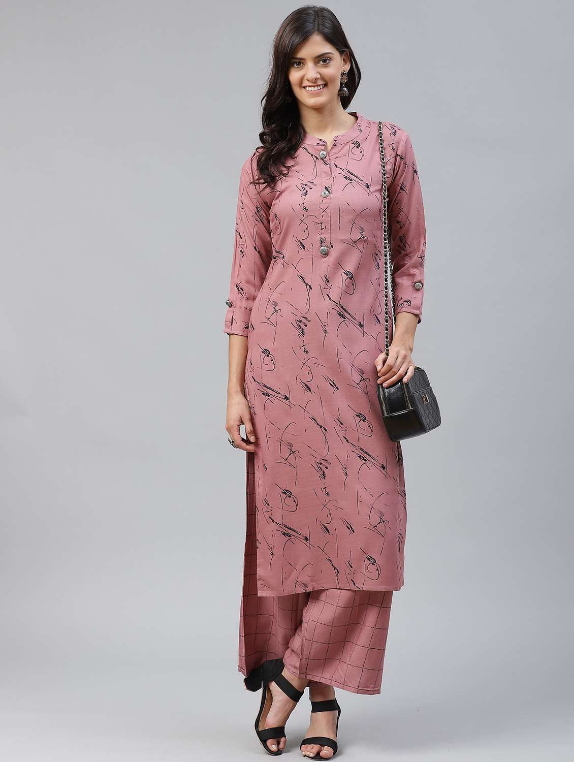 women printed mandarin neck kurta palazzo set - 21171160 - Zoom Image - 0