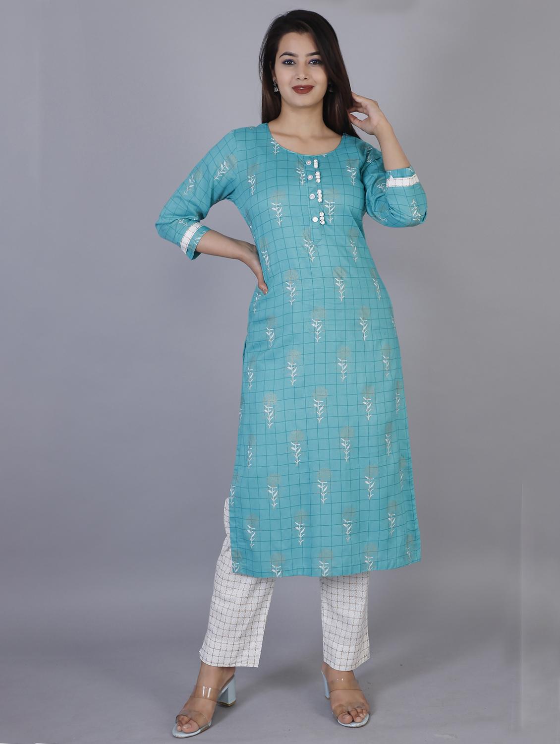 light blue printed kurta & pant set - 21171192 - Zoom Image - 0