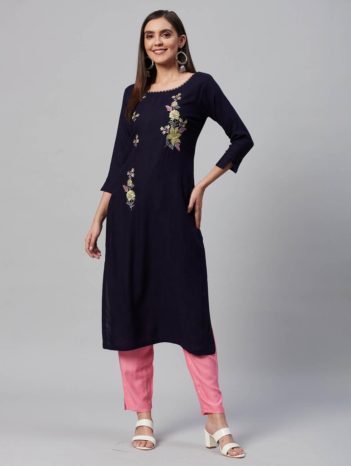 navy blue embroidered kurta pant set - 21171570 -  Zoom Image - 0