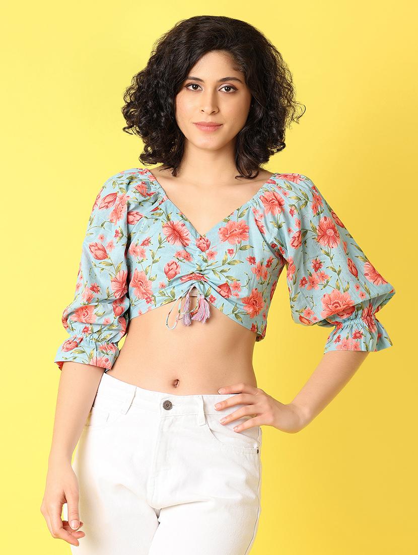 blue floral printed crop top