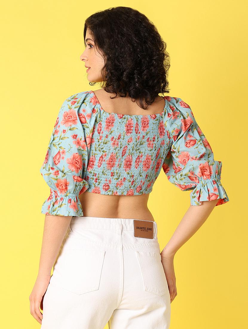blue floral printed crop top - 21172236 - Standard Image - 3