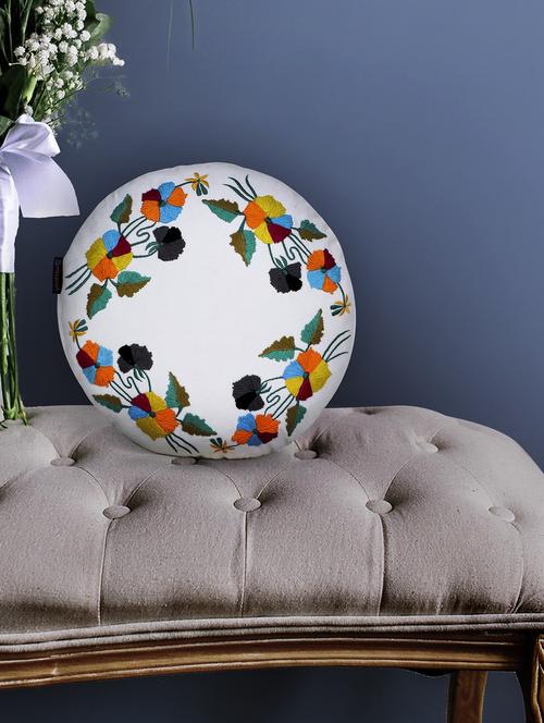 mezposh white & multi floral embroidered cotton canvas cushion cover (16 inch dia) - 21172653 -  Standard Image - 0