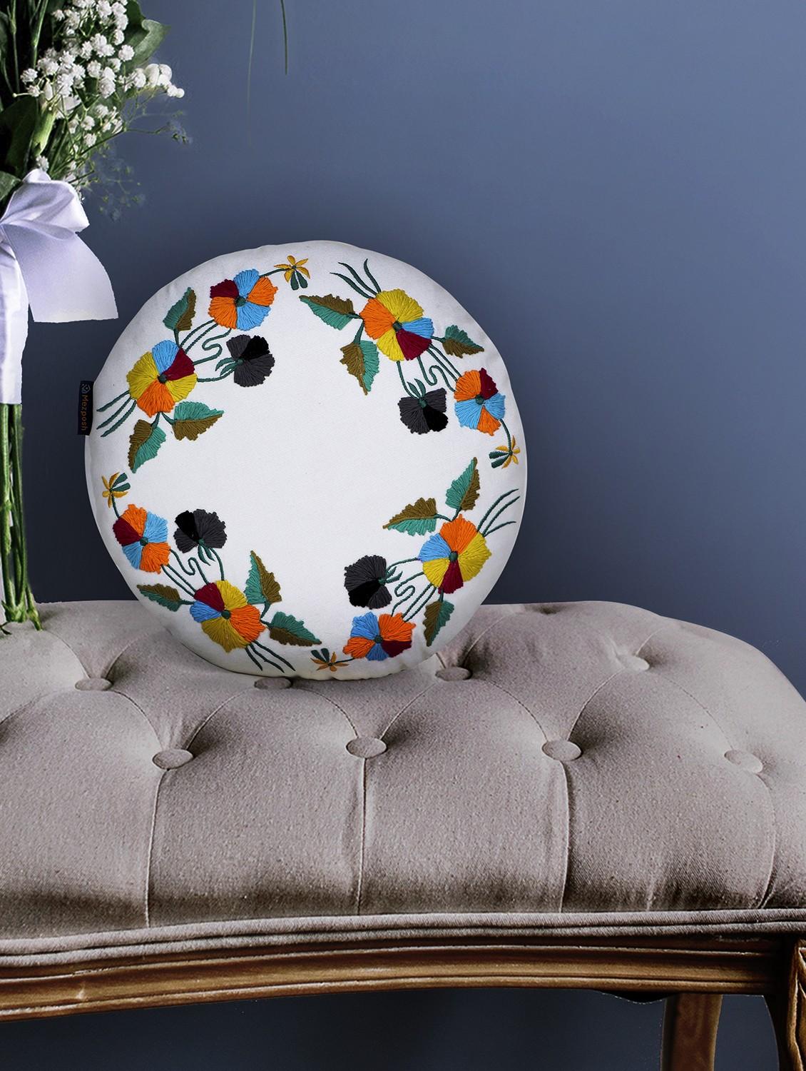 mezposh white & multi floral embroidered cotton canvas cushion cover (16 inch dia) - 21172653 -  Zoom Image - 0