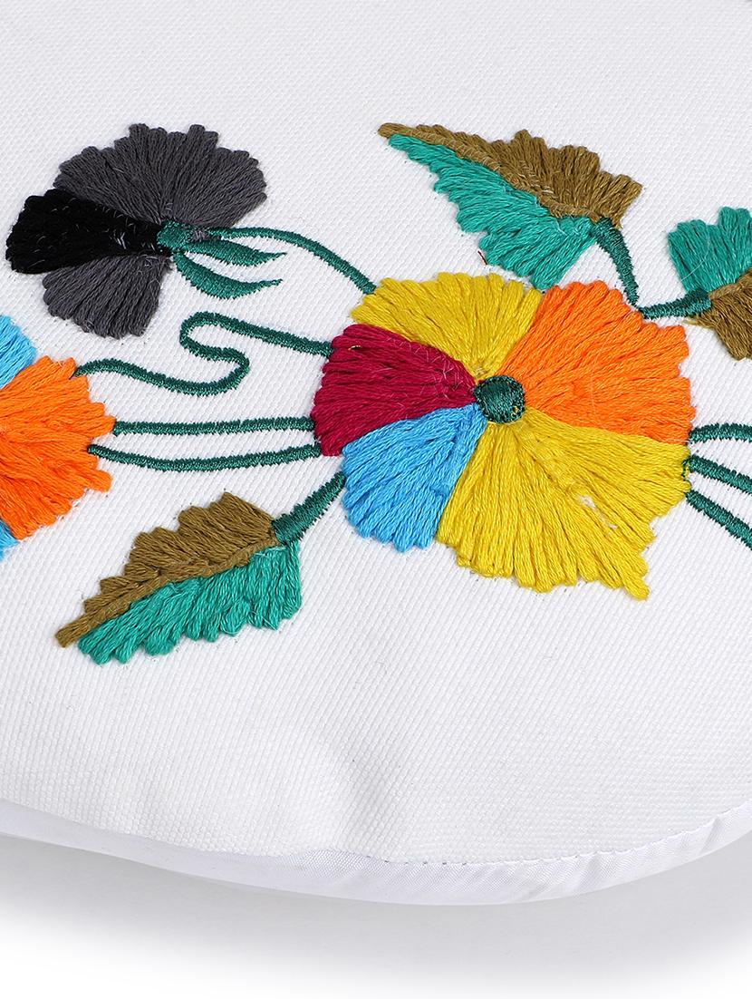 mezposh white & multi floral embroidered cotton canvas cushion cover (16 inch dia) - 21172653 - Standard Image - 5
