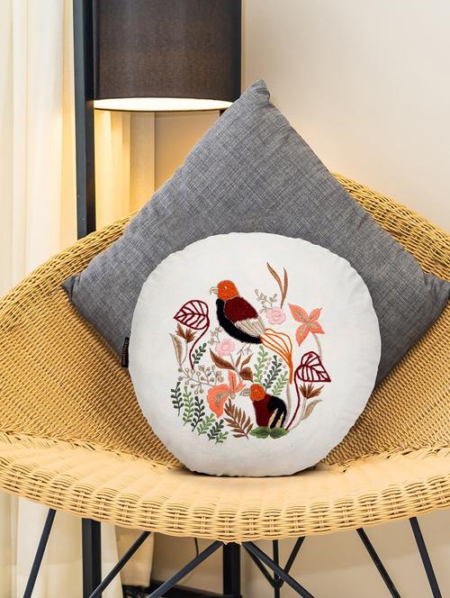 mezposh natural & multi quirky embroidered cotton canvas cushion cover (16 inch dia) - 21172661 -  Standard Image - 0