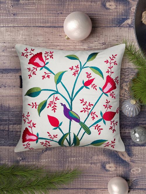 mezposh natural, pink & green quirky embroidered cotton canvas cushion cover (16"x16") - 21172662 -  Standard Image - 0