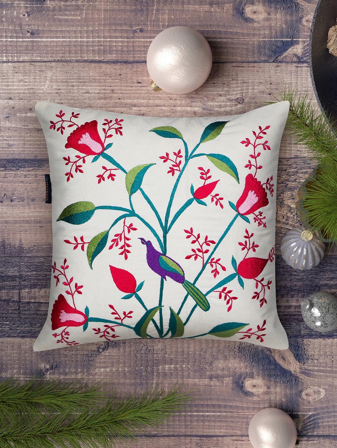 mezposh natural, pink & green quirky embroidered cotton canvas cushion cover (16"x16")