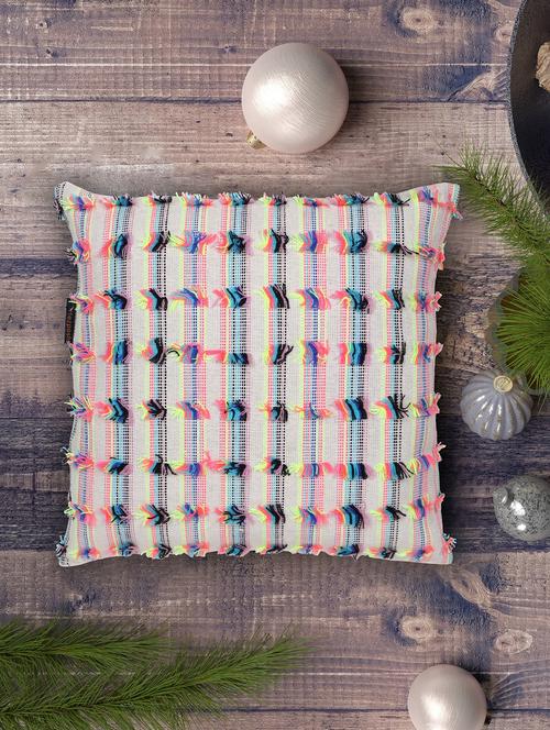 mezposh cream & multi self design cotton acrylic jacquard cushion cover (16"x16") - 21172668 - Standard Image - 0