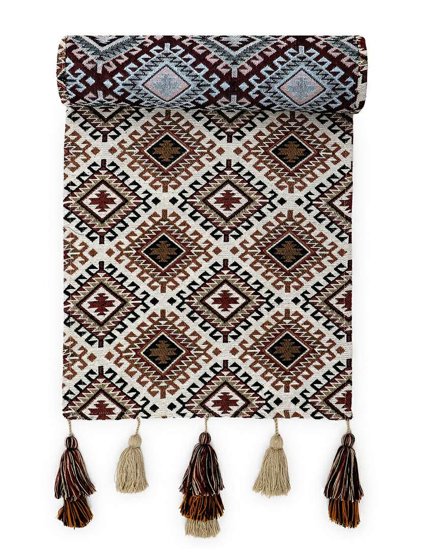 mezposh tribal beige, brown & multi ikat cotton jacquard table runner (6 seater) - 21172672 -  Standard Image - 3