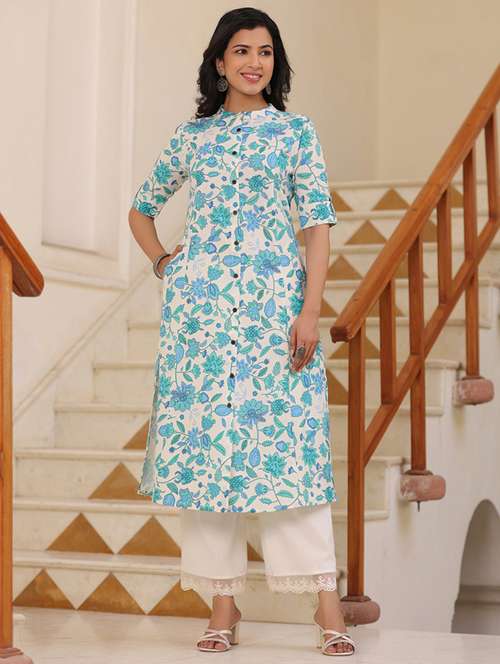 women light blue cotton a-line kurta - 21176171 -  Standard Image - 0