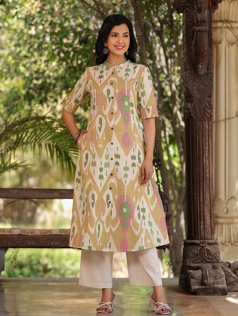 women brown cotton a-line kurta