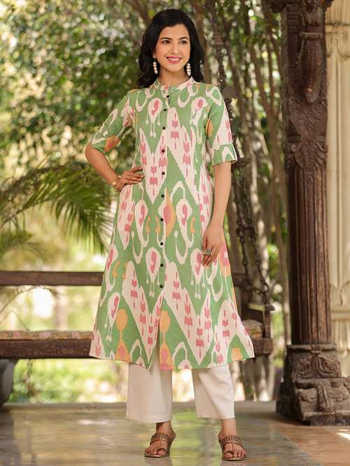 green cotton aline kurta - 21176177 -  Standard Image - 0