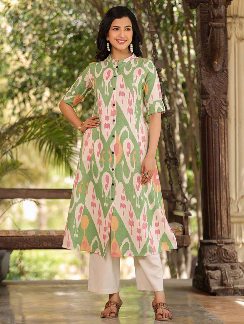 green cotton aline kurta - 21176177 -  Zoom Image - 0