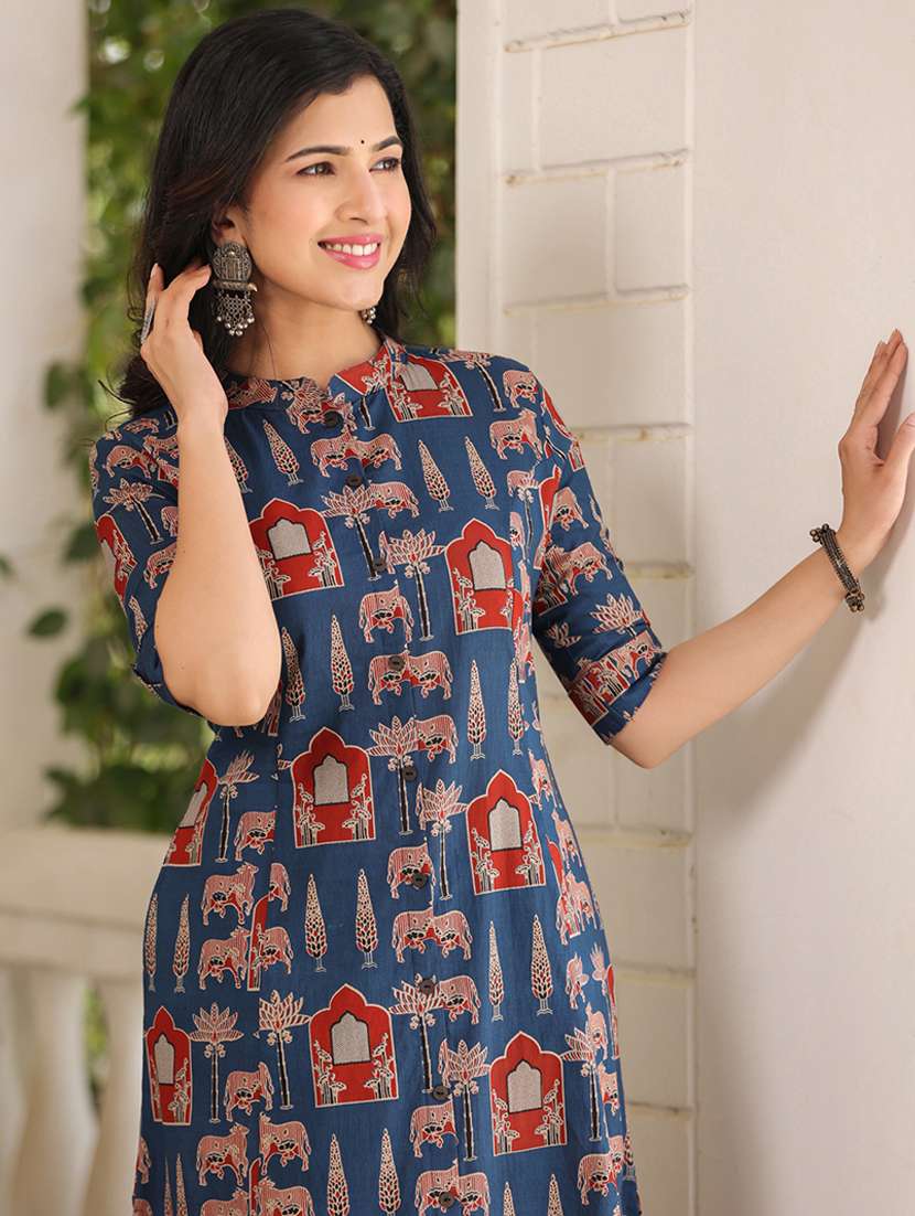 women navy blue printed kurta pant set - 21176179 - Standard Image - 5
