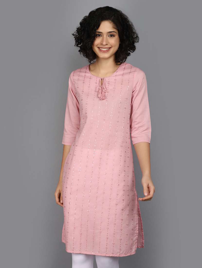 women pink tie-up neck straight kurta