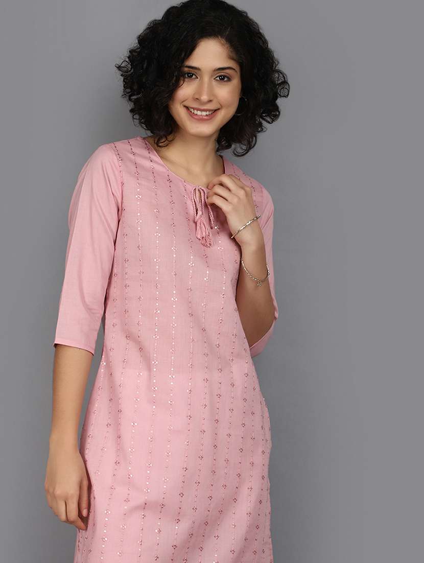 women pink tie-up neck straight kurta - 21176501 -  Standard Image - 3