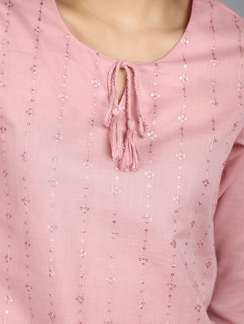 women pink tie-up neck straight kurta - 21176501 -  Standard Image - 5