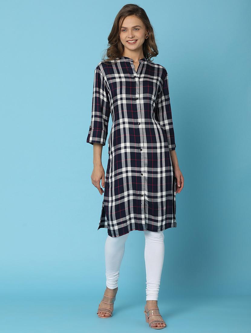 women navy blue mandarin neck a-line kurta - 21176574 - Zoom Image - 0