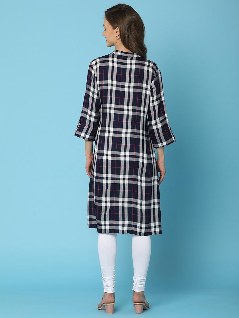 women navy blue mandarin neck a-line kurta - 21176574 - Standard Image - 3