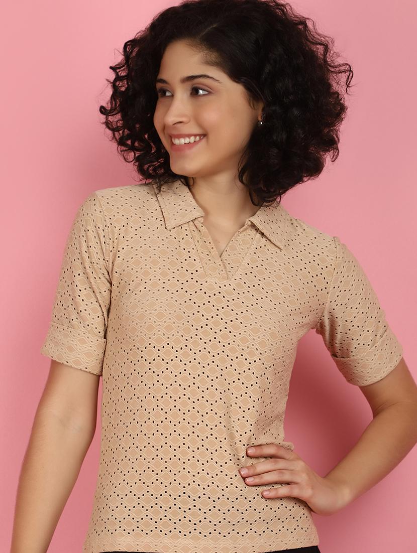 women beige schiffli work collared top - 21176596 - Standard Image - 3